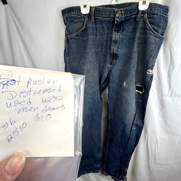 Distressed Jeans Rustler 42x32 men's pants blue denim Made in Mexico - Picture 12 of 16